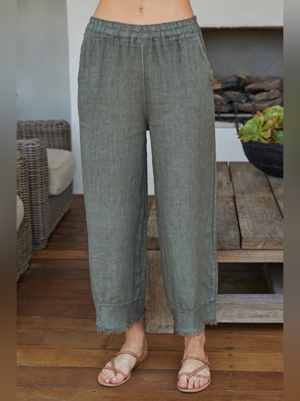 (155073/11586-ARMY)  LINEN FRINGED HEM WIDE LEG LOOSE FIT PANT